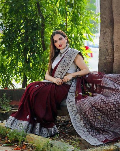 Riddhi Maroon Soft Banarasi Silk Saree With Abyys Blouse Piece