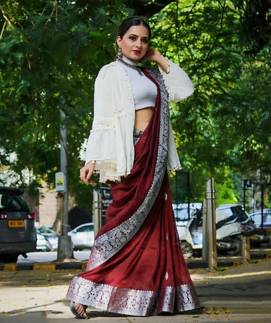 Riddhi Maroon Soft Banarasi Silk Saree With Abyys Blouse Piece