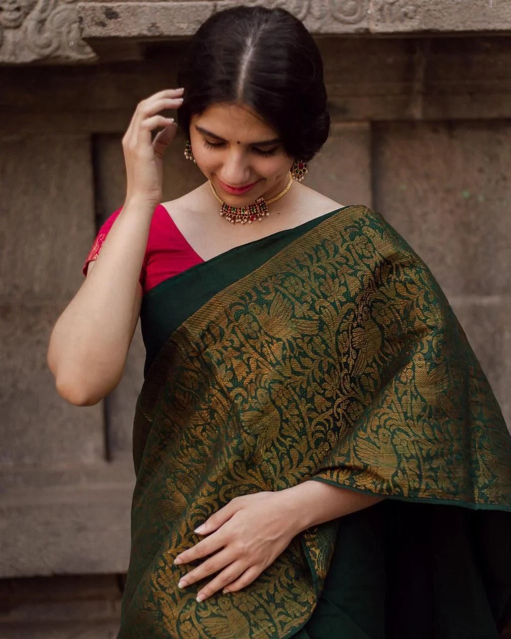 Charvika - Green Soft Silk Saree with Antique Gold Border and Red Blouse