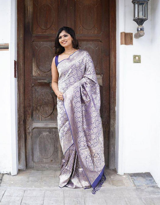 AKIRA BLUE TRADITIONAL KANCHI SOFT SILK SARI WITH ATTACHED BLOUSE