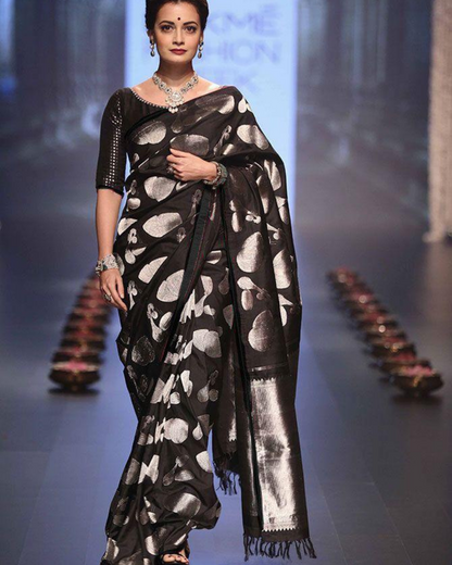 Black Dholaka Pure Soft Silk Saree With Attached Blouse