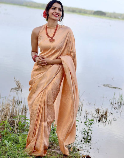 PALAK PEACH TRADITIONAL KANCHI SOFT SILK SARI WITH ATTACHED BLOUSE