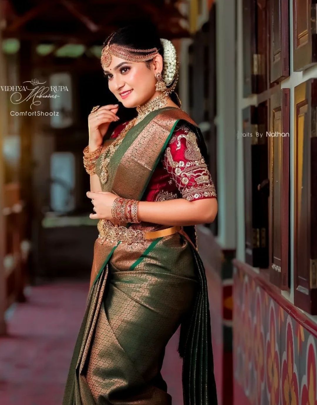 MAYA GREEN TRADITIONAL KANCHI SOFT SILK SARI WITH ATTACHED BLOUSE