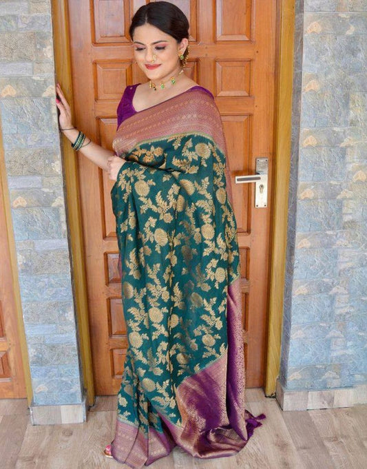 NAJNIN GREEN TRADITIONAL KANCHI SOFT SILK SARI WITH ATTACHED BLOUSE