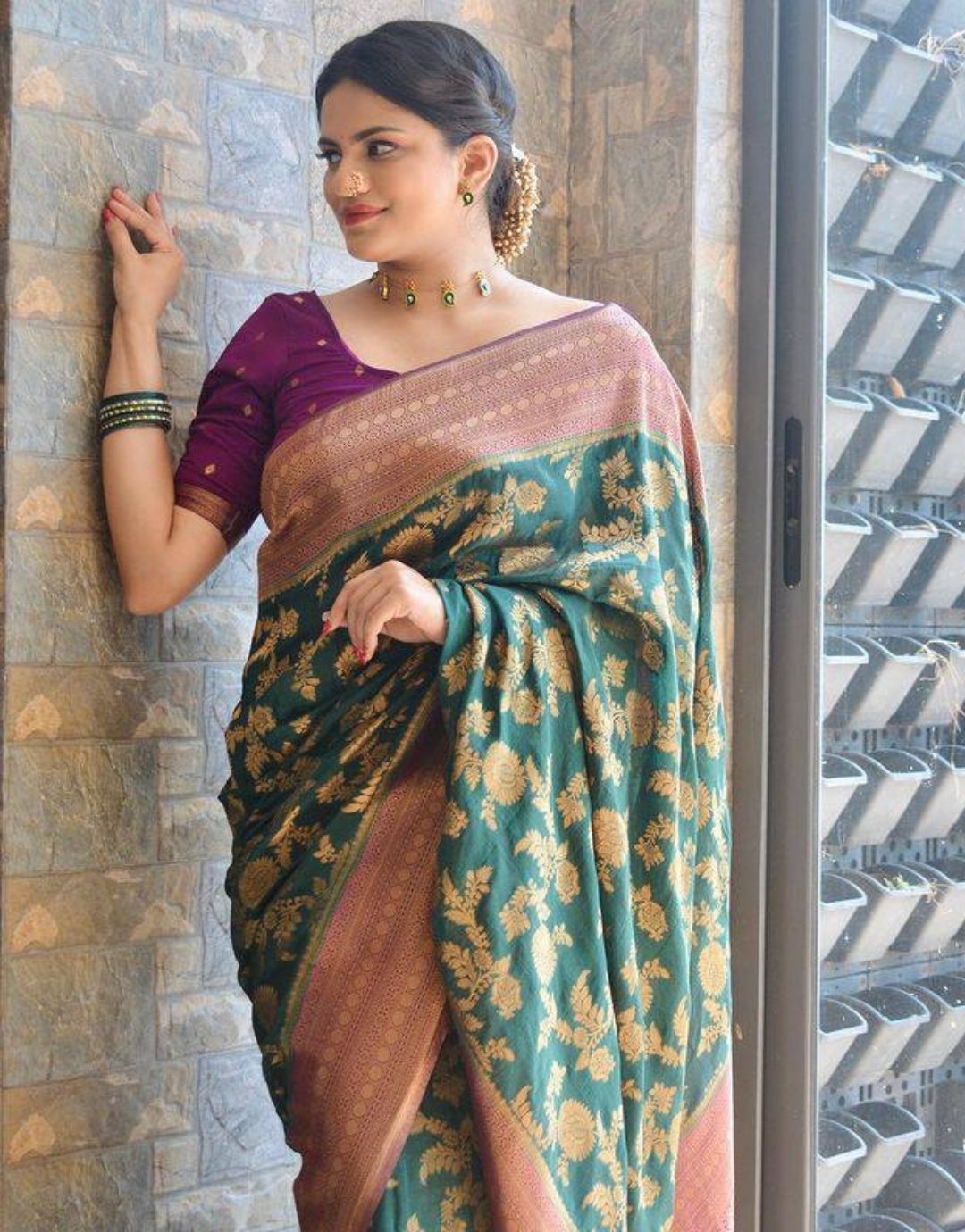 NAJNIN GREEN TRADITIONAL KANCHI SOFT SILK SARI WITH ATTACHED BLOUSE