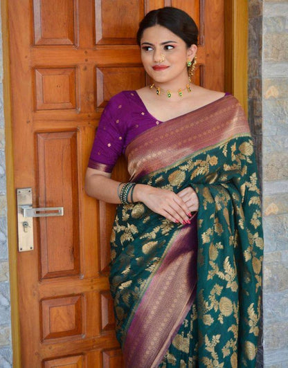 NAJNIN GREEN TRADITIONAL KANCHI SOFT SILK SARI WITH ATTACHED BLOUSE