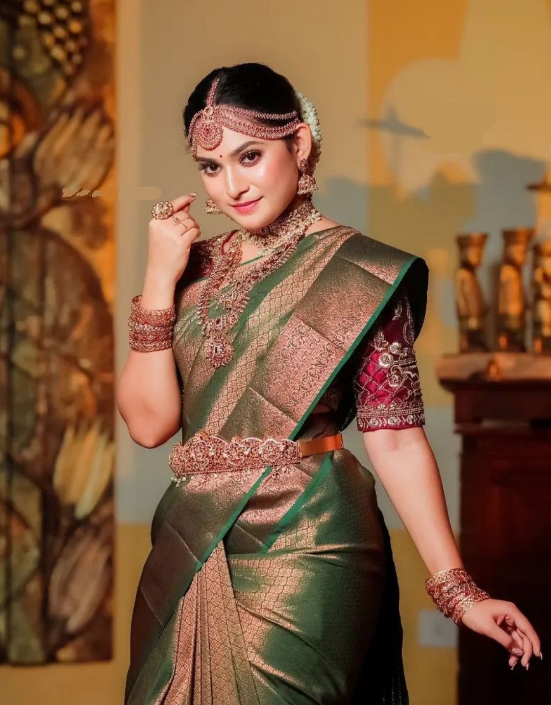 MAYA GREEN TRADITIONAL KANCHI SOFT SILK SARI WITH ATTACHED BLOUSE