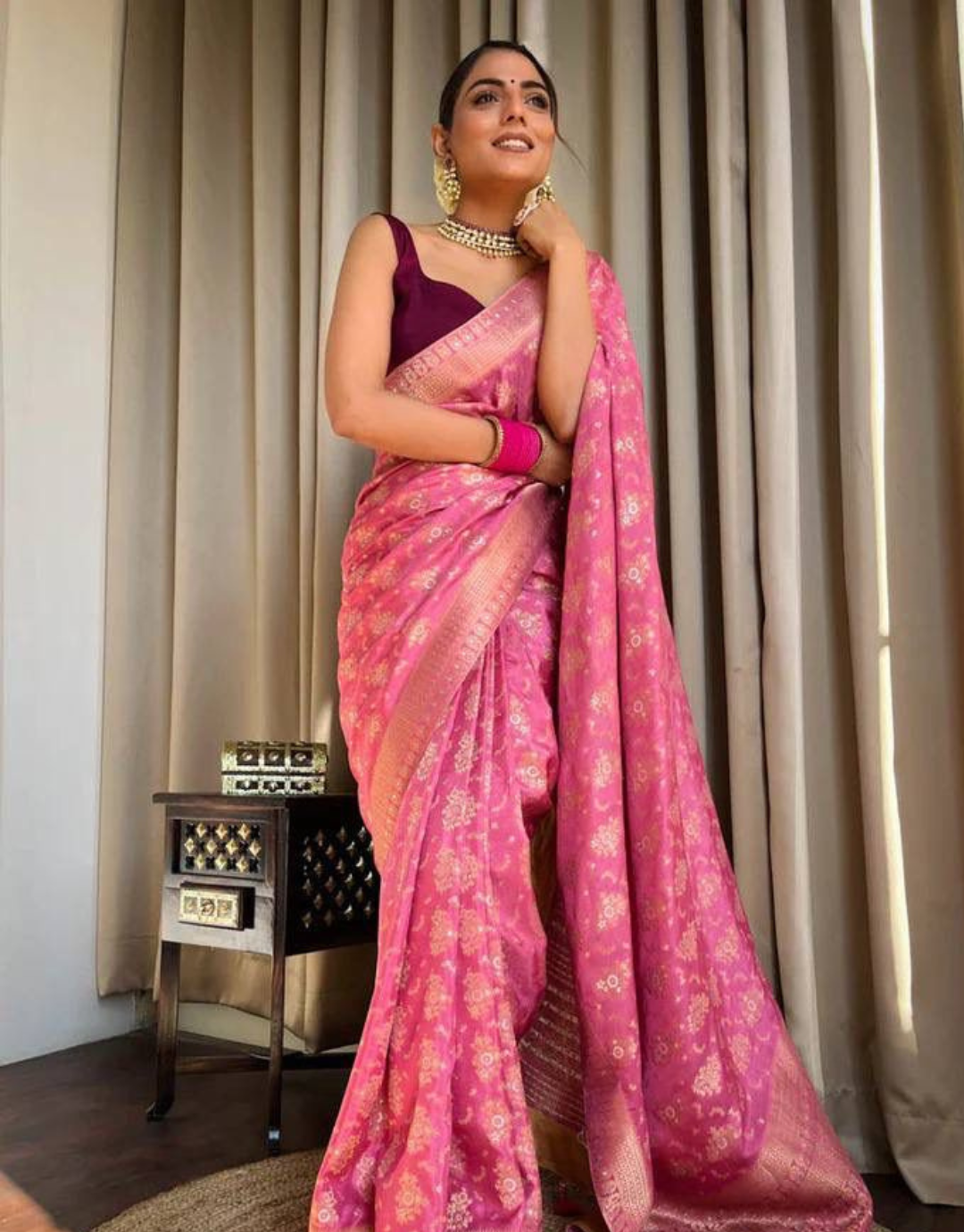 Pooja Tulip Pink Banarasi saree