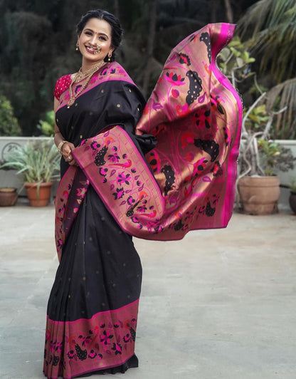 PIHU BLACK ARCHAIC TRADITIONAL KANCHI SOFT SILK SARI WITH ATTACHED BLOUSE