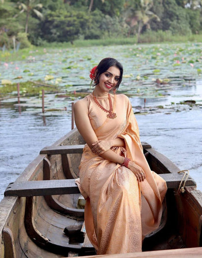 PALAK PEACH TRADITIONAL KANCHI SOFT SILK SARI WITH ATTACHED BLOUSE