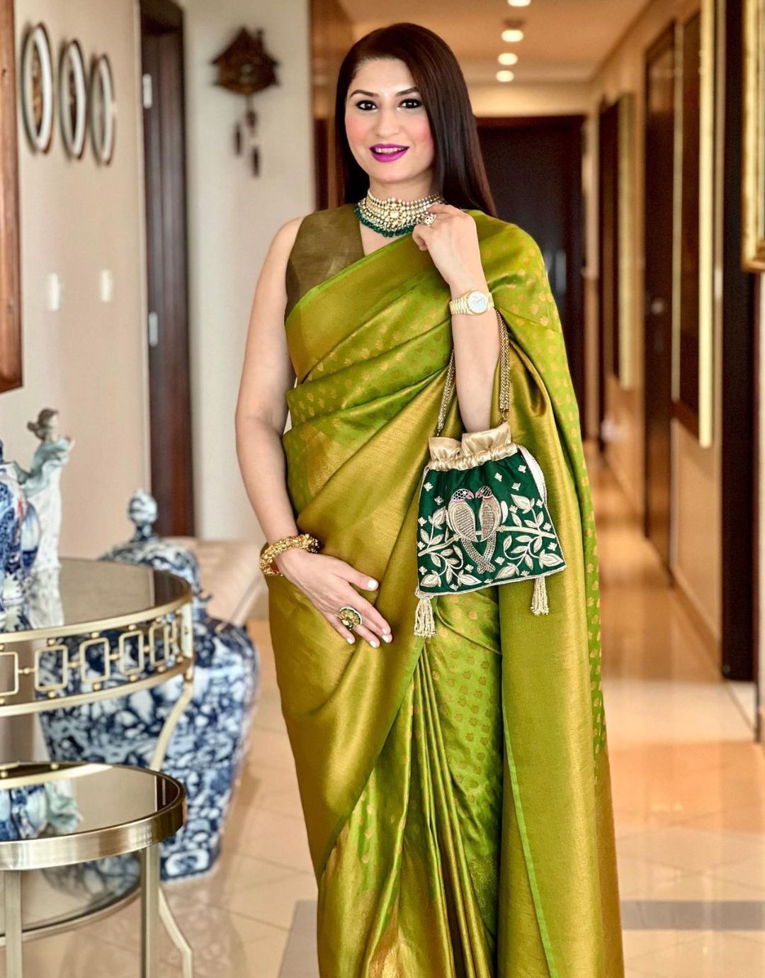 MAHENDI GREEN TRADITIONAL KANCHI SOFT SILK SARI WITH ATTACHED BLOUSE