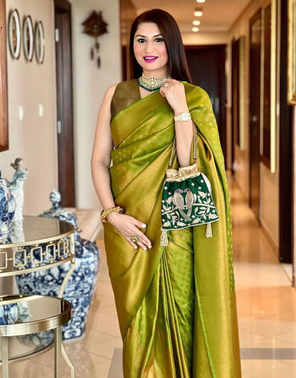 MAHENDI GREEN TRADITIONAL KANCHI SOFT SILK SARI WITH ATTACHED BLOUSE