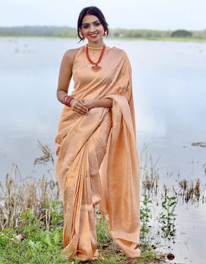 PALAK PEACH TRADITIONAL KANCHI SOFT SILK SARI WITH ATTACHED BLOUSE