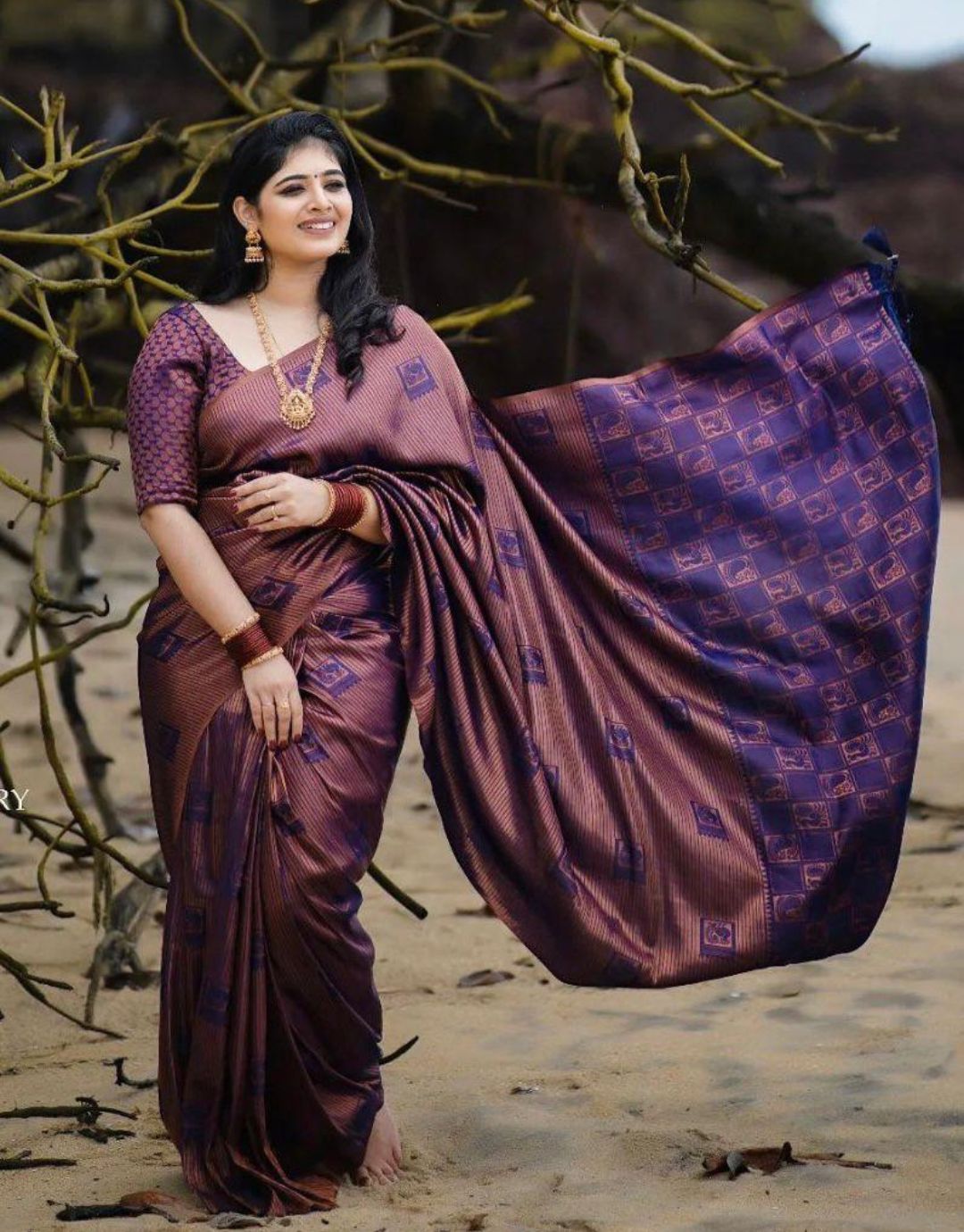 PRIYA WINE TRADITIONAL KANCHI SOFT SILK SARI WITH ATTACHED BLOUSE