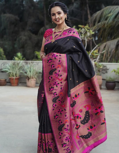 PIHU BLACK ARCHAIC TRADITIONAL KANCHI SOFT SILK SARI WITH ATTACHED BLOUSE