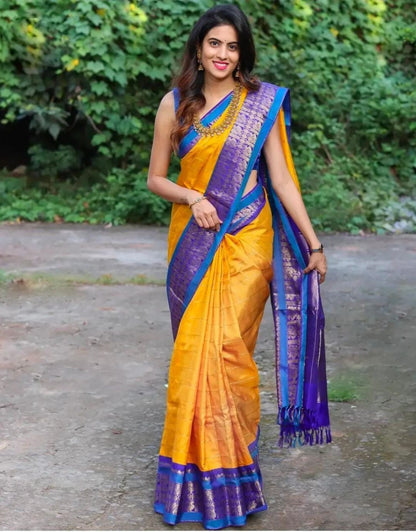 RAGI YELLOW TRADITIONAL KANCHI SOFT SILK SARI WITH ATTACHED BLOUSE