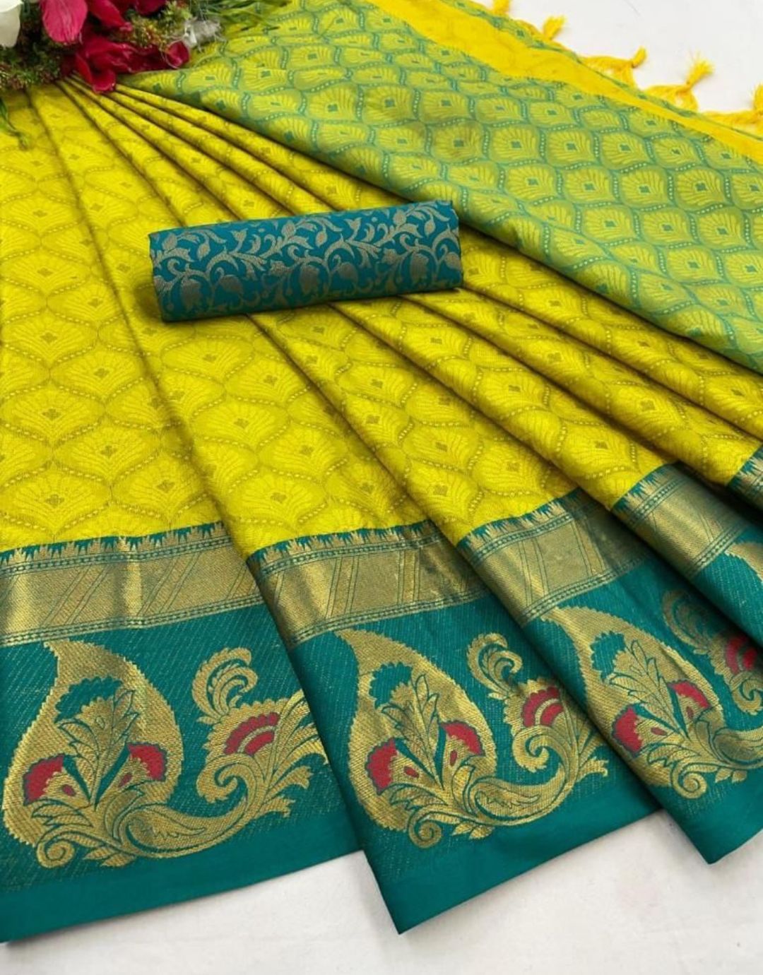 LIME GREEN TRADITIONAL KANCHI SOFT SILK SARI WITH ATTACHED BLOUSE