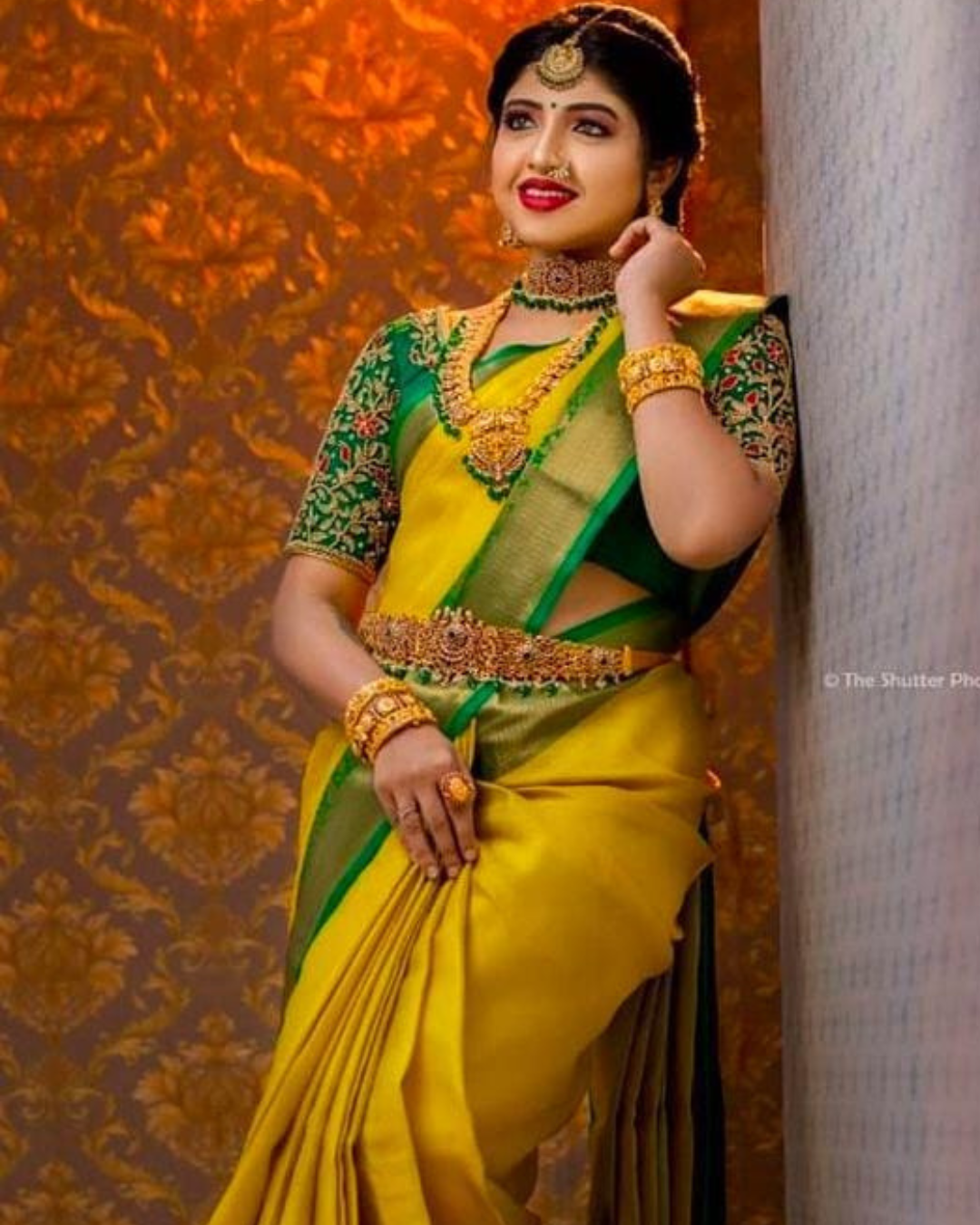 YELLOW GREEN VEL TRADITIONAL KANCHI SOFT SILK SARI WITH ATTACHED BLOUSE