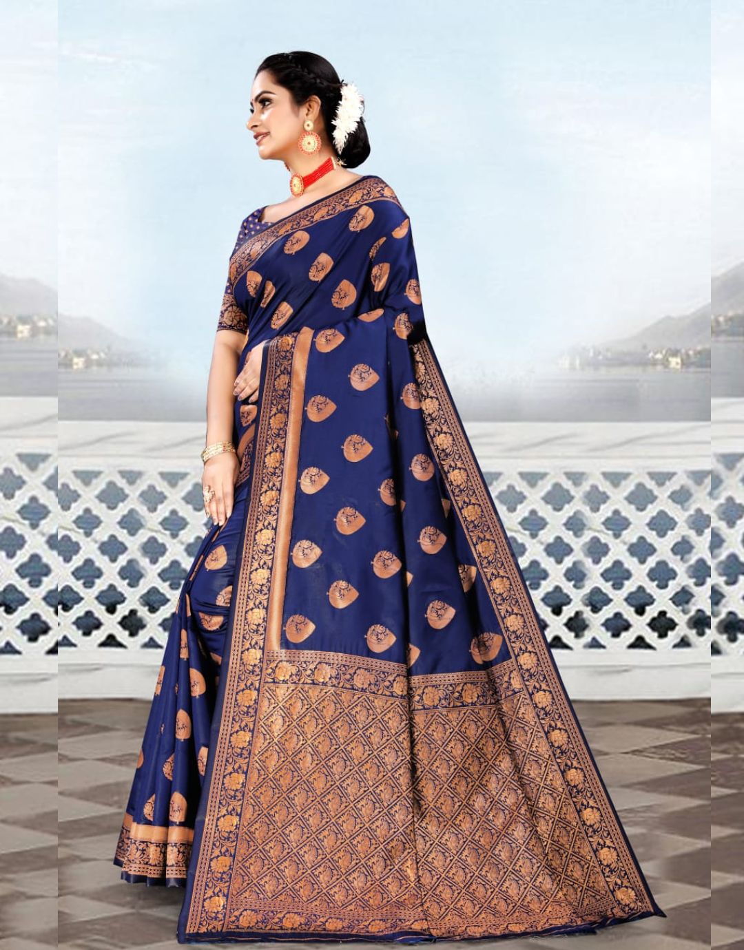 ADA BLUE TRADITIONAL KANCHI SOFT SILK SARI WITH ATTACHED BLOUSE