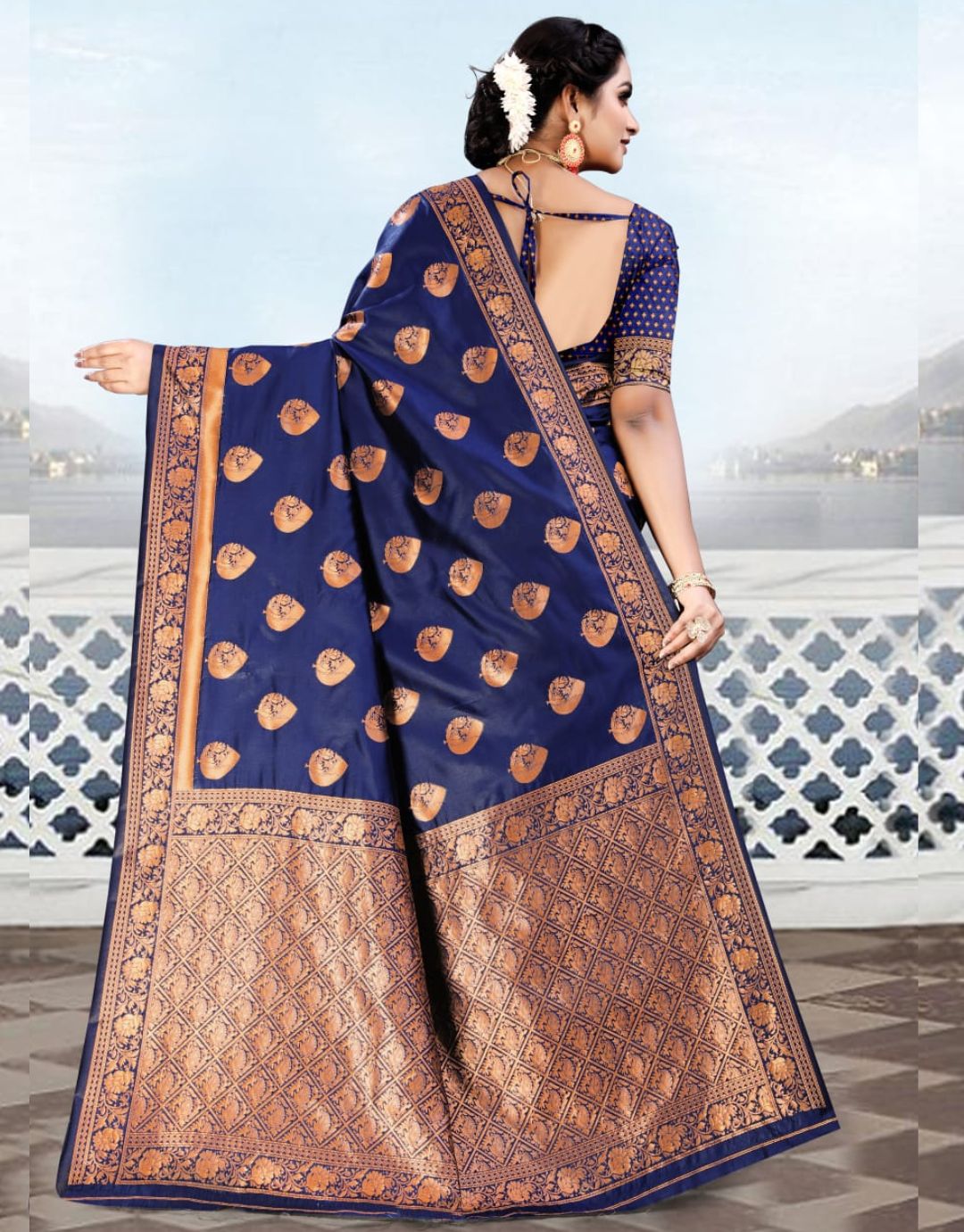 ADA BLUE TRADITIONAL KANCHI SOFT SILK SARI WITH ATTACHED BLOUSE