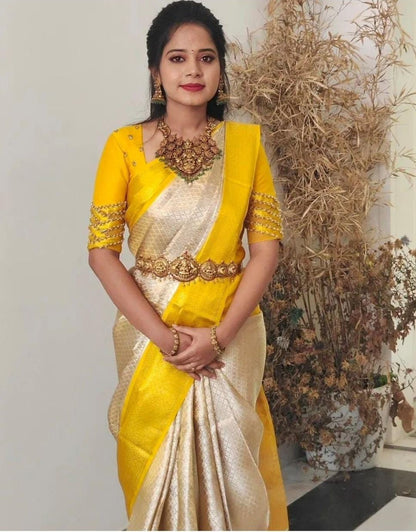 SUCHI WHITE YELLOW TRADITIONAL KANCHI SOFT SILK SARI WITH ATTACHED BLOUSE