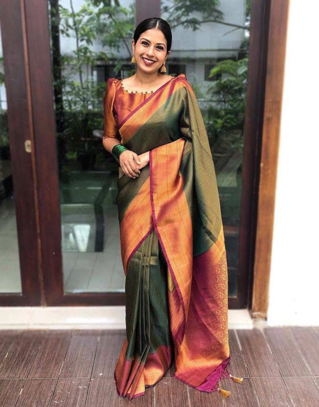 Bindu Green-Red Kanchipuram Silk Saree