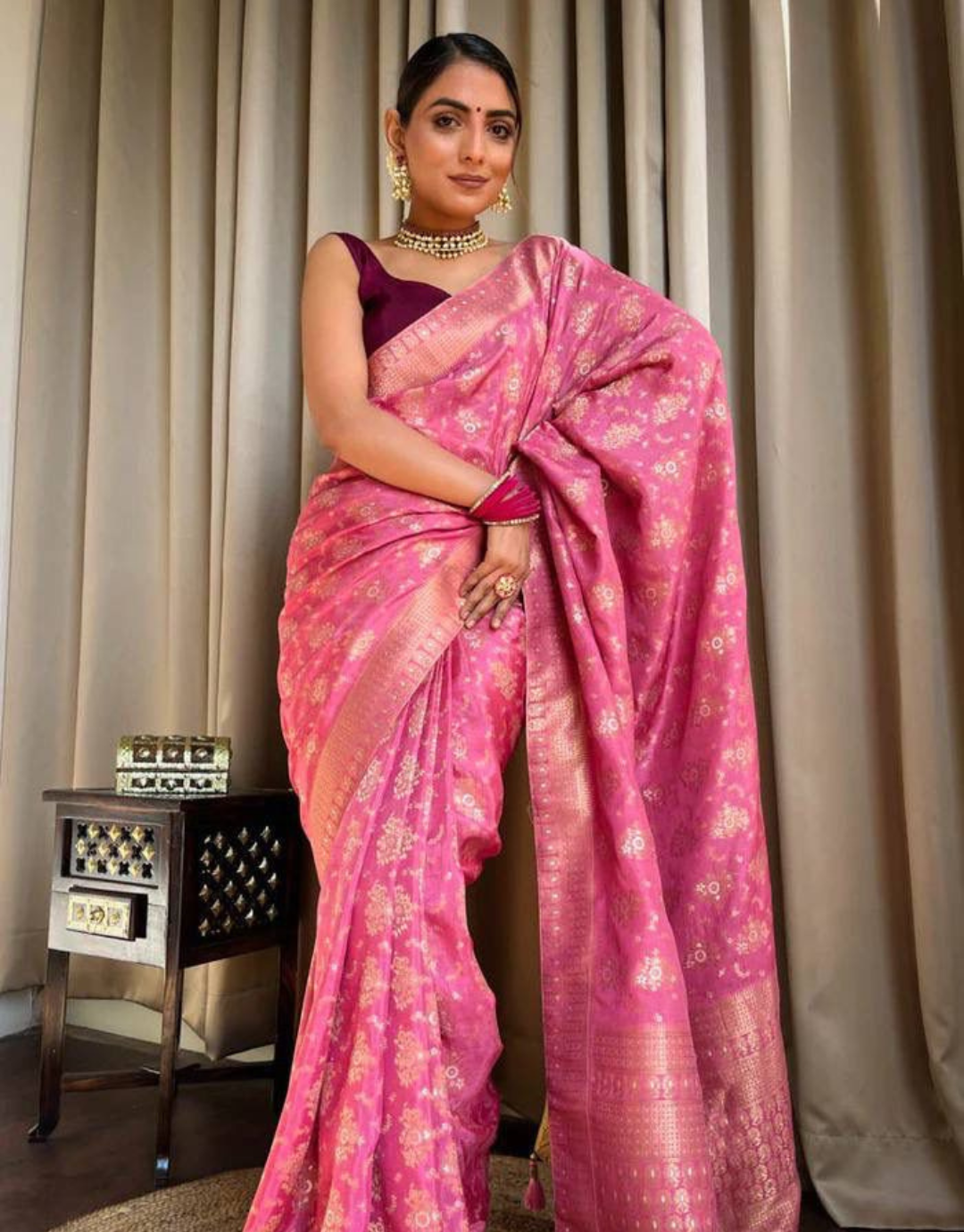 Pooja Tulip Pink Banarasi saree