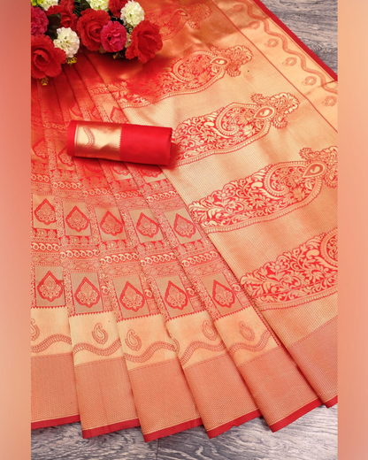 Ambika Red Traditional Kanchi Soft Silk Saree With Attached Blouse