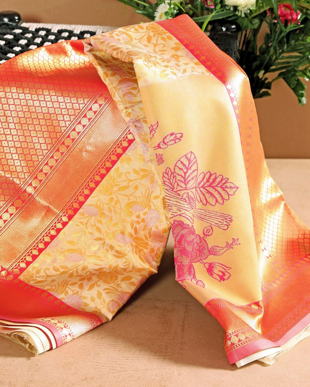 Kumkum Cream-Rose Soft Silk Saree With Attached Blouse 