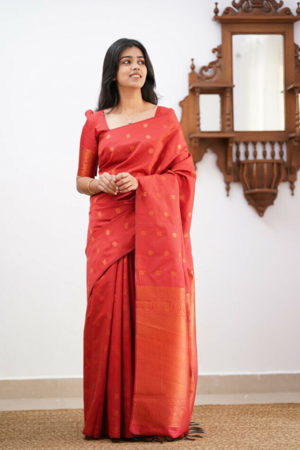 Antique Dark Pastel Red Kanchipuram Soft Silk Saree