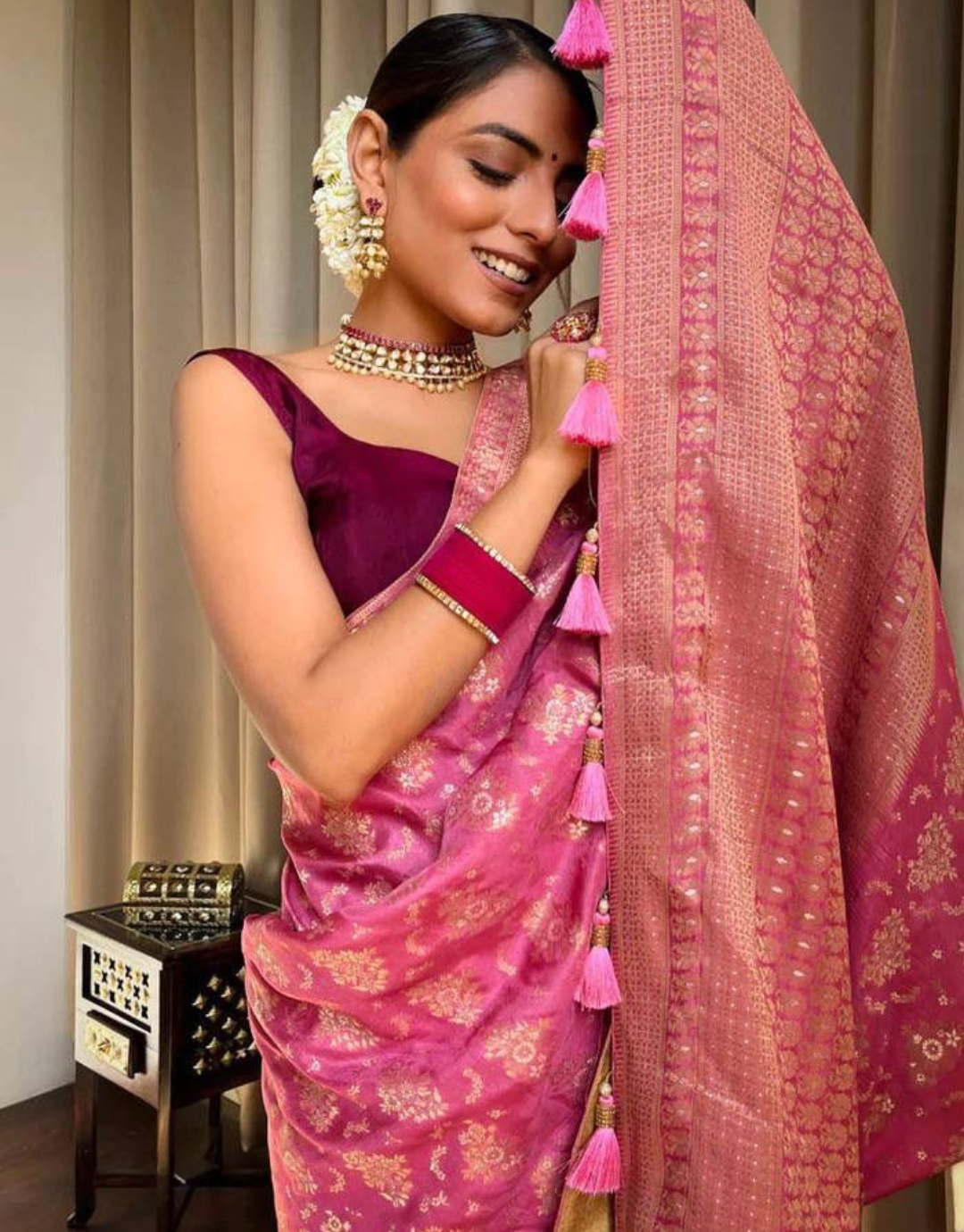 Pooja Tulip Pink Banarasi saree