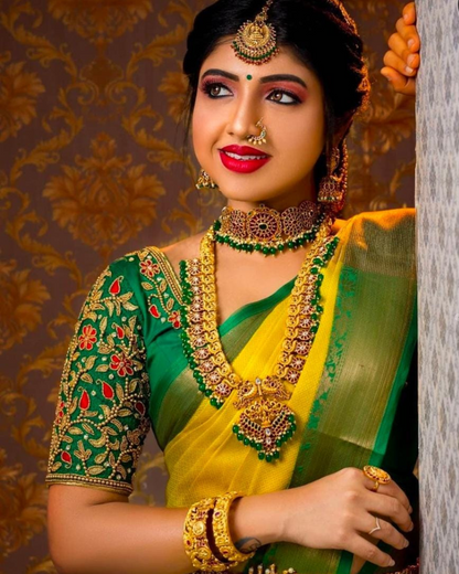 YELLOW GREEN VEL TRADITIONAL KANCHI SOFT SILK SARI WITH ATTACHED BLOUSE