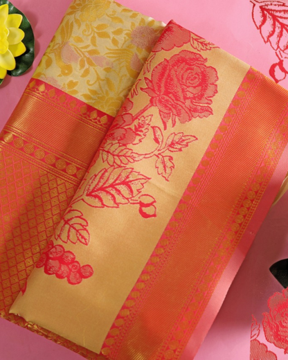 Kumkum Cream-Rose Soft Silk Saree With Attached Blouse 