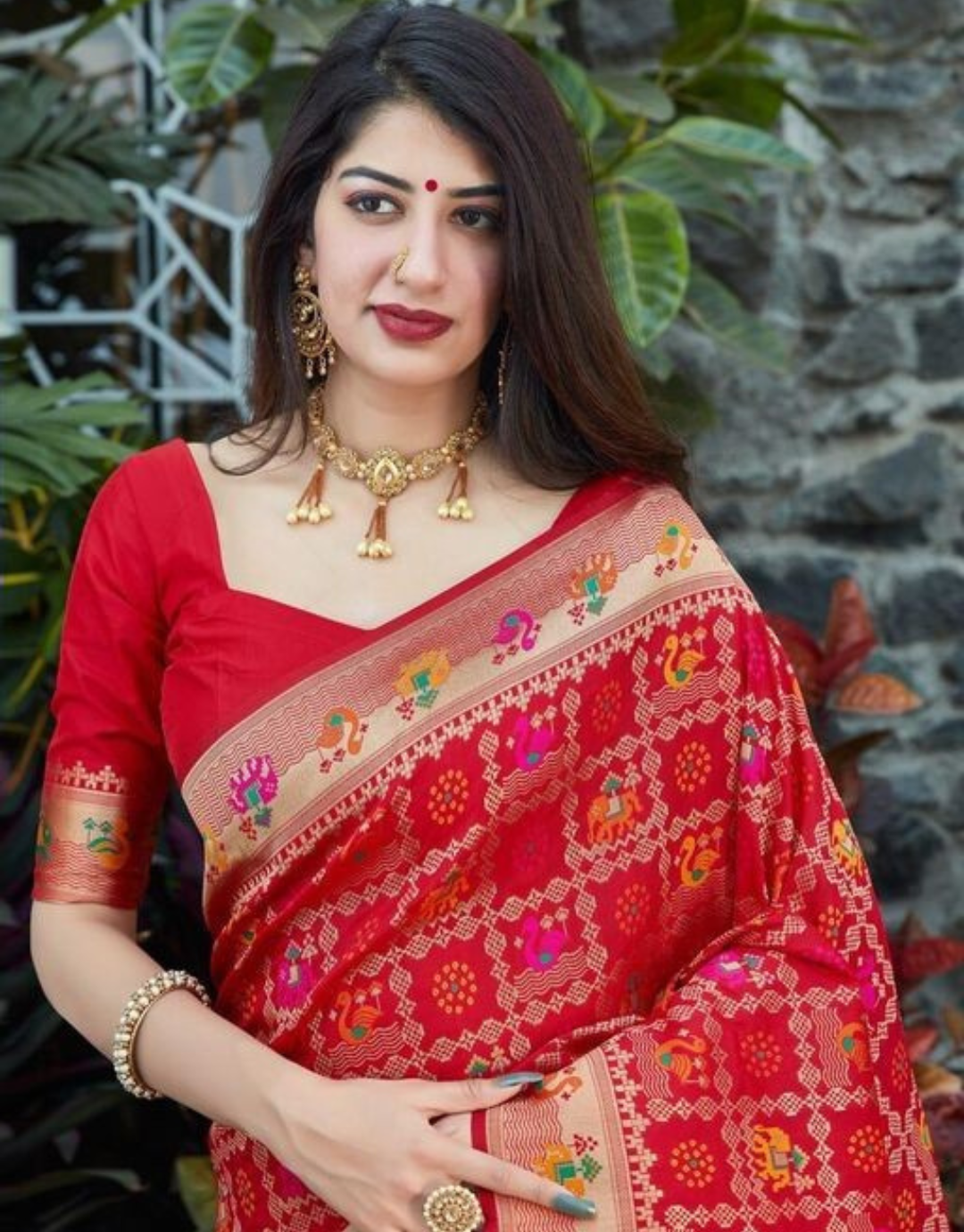 RED PATOLA TRADITIONAL KANCHI SOFT SILK SARI WITH ATTACHED BLOUSE