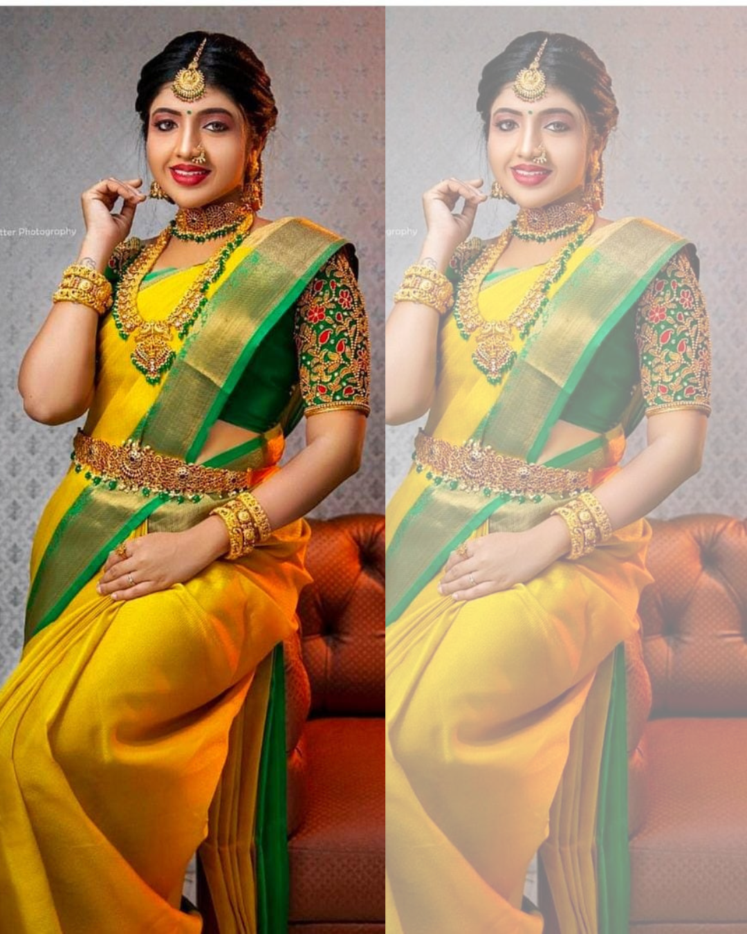 YELLOW GREEN VEL TRADITIONAL KANCHI SOFT SILK SARI WITH ATTACHED BLOUSE