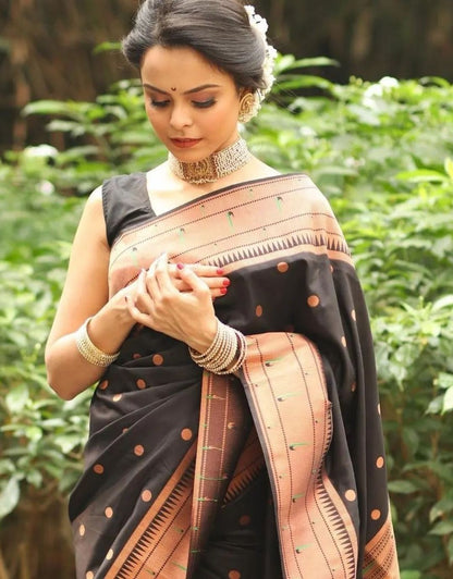 KORVIKA BLACK TRADITIONAL KANCHI SOFT SILK SARI WITH ATTACHED BLOUSE