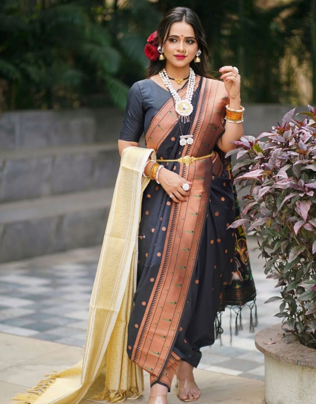 KORVIKA BLACK TRADITIONAL KANCHI SOFT SILK SARI WITH ATTACHED BLOUSE