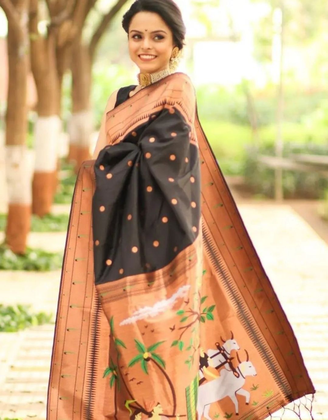 KORVIKA BLACK TRADITIONAL KANCHI SOFT SILK SARI WITH ATTACHED BLOUSE