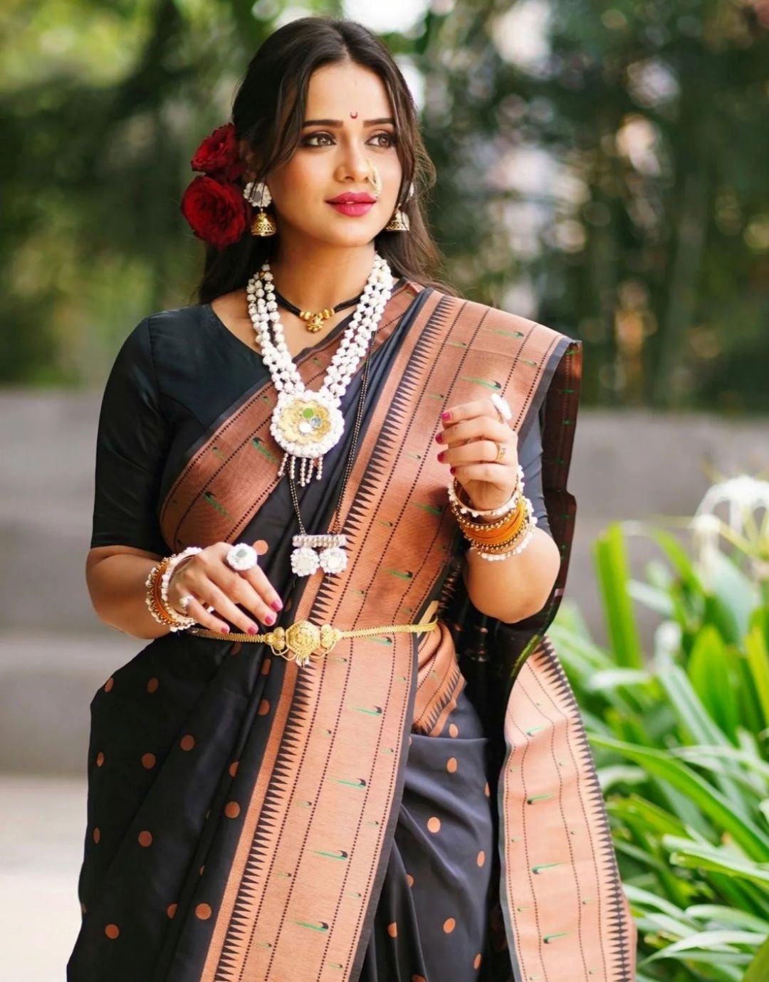 KORVIKA BLACK TRADITIONAL KANCHI SOFT SILK SARI WITH ATTACHED BLOUSE