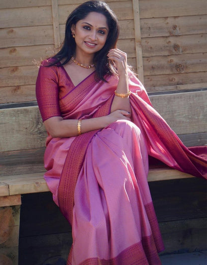 ROSE PINK TRADITIONAL KANCHI SOFT SILK SARI WITH ATTACHED BLOUSE