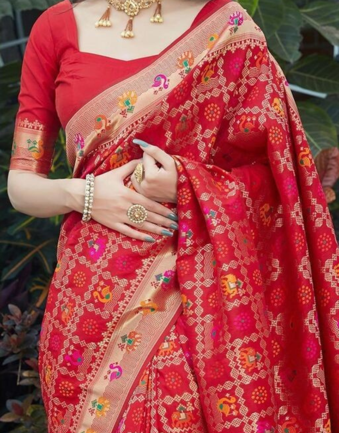 RED PATOLA TRADITIONAL KANCHI SOFT SILK SARI WITH ATTACHED BLOUSE