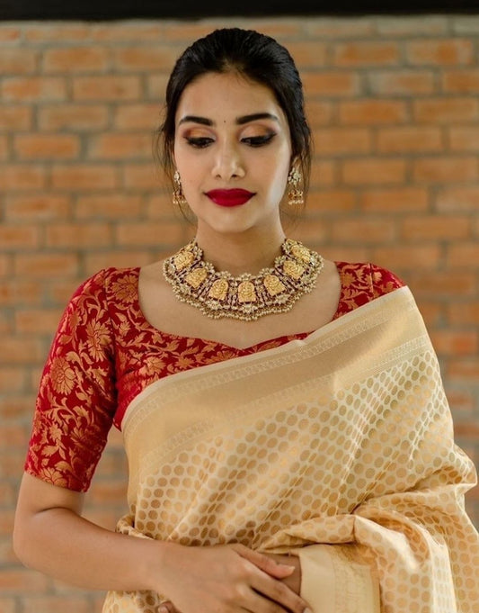 ARU OFF WHITE TRADITIONAL KANCHI SOFT SILK SARI WITH ATTACHED BLOUSE