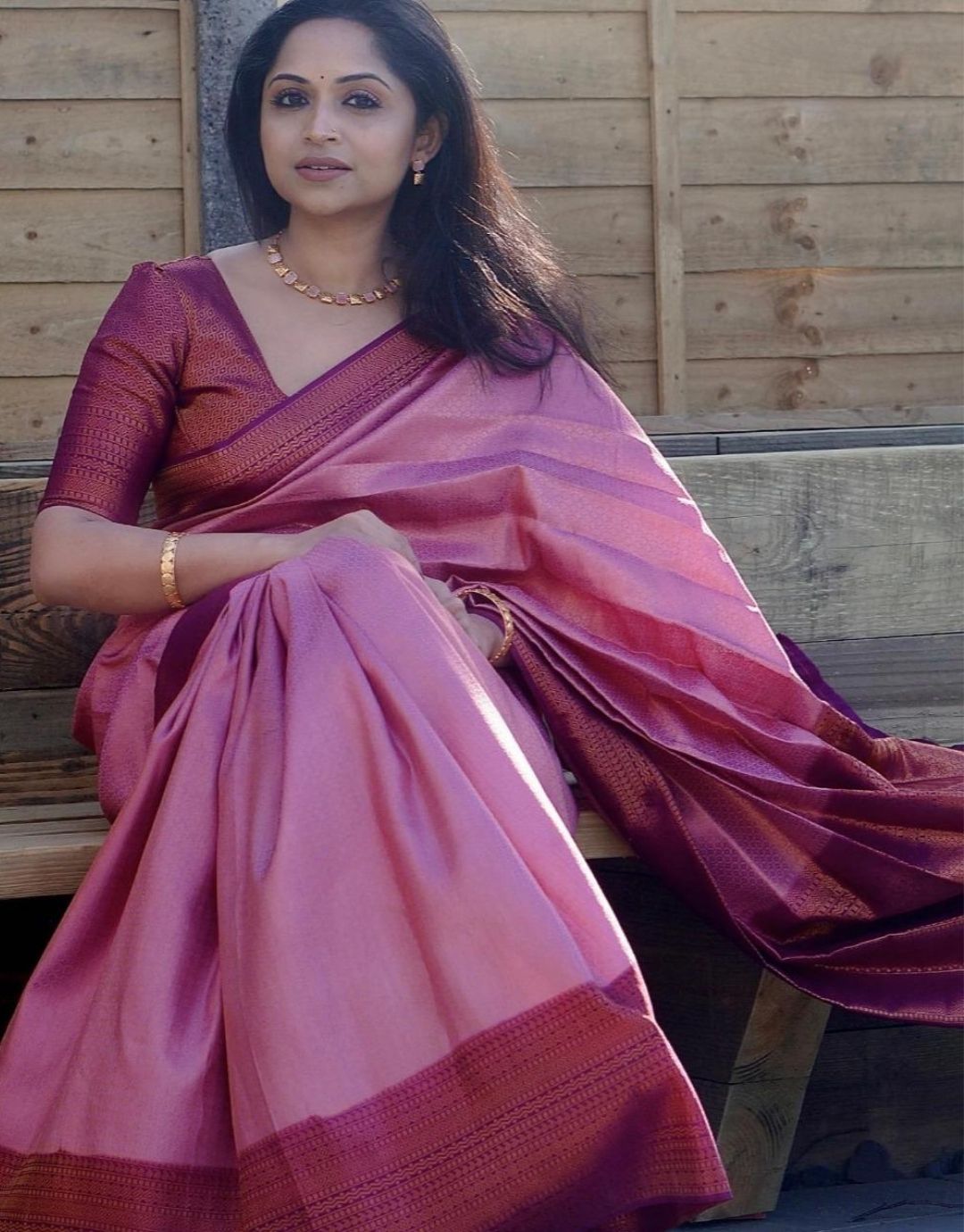 ROSE PINK TRADITIONAL KANCHI SOFT SILK SARI WITH ATTACHED BLOUSE