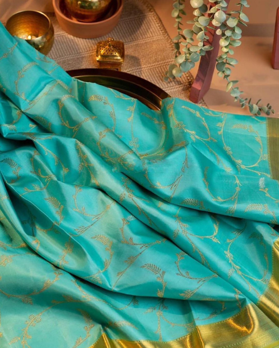 Sky Archaic Treditional Kanchi Soft Silk Saree With Attached Blouse