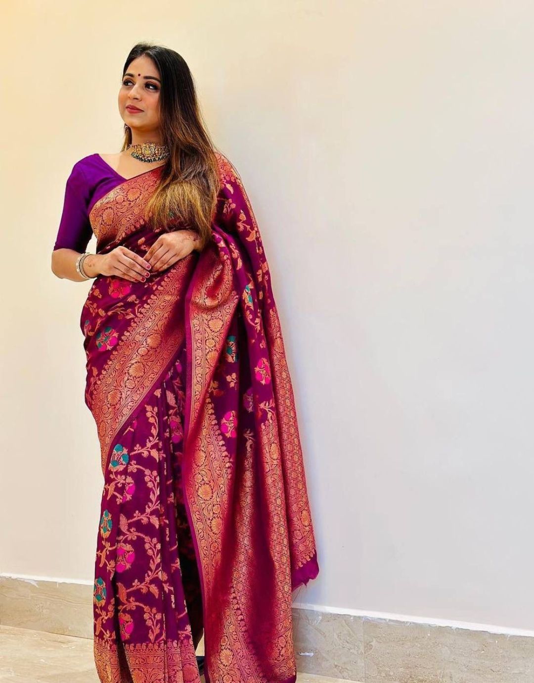 RUHINA PURPLE TRADITIONAL KANCHI SOFT SILK SARI WITH ATTACHED BLOUSE