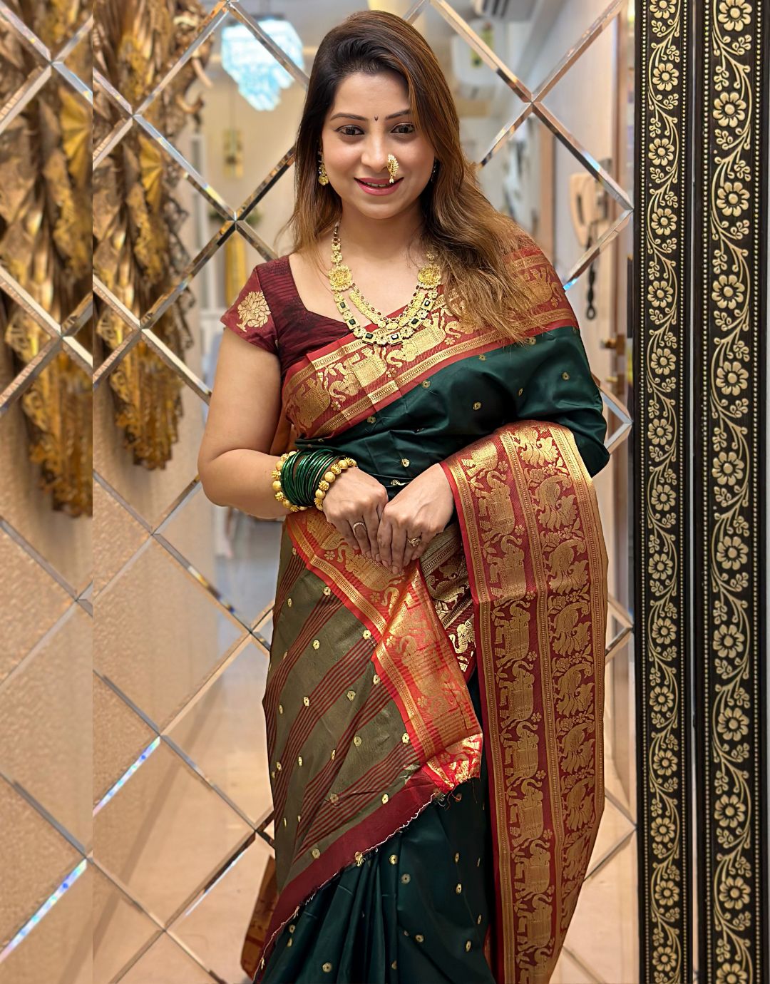 NATASHA GREEN TRADITIONAL KANCHI SOFT SILK SARI WITH ATTACHED BLOUSE