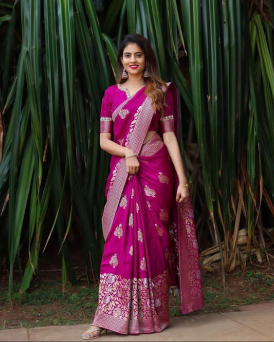 Rani Pink Heavy Quality Pure Soft Silk Sari With Attached Blouse 