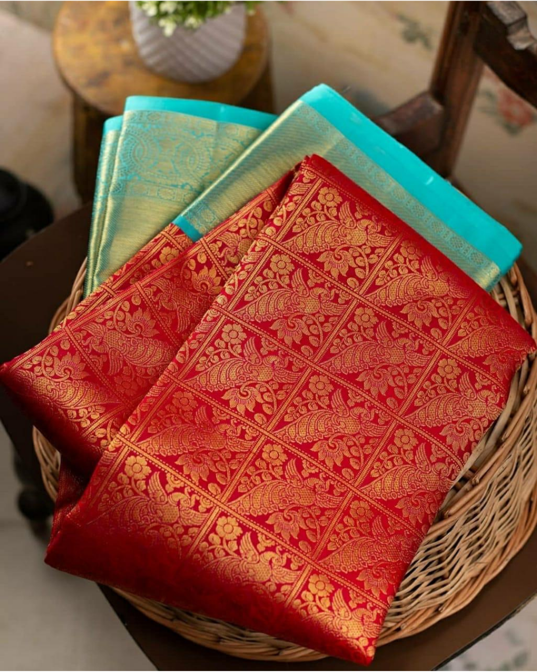 Mayura Sky-Red  Kanchi Soft Silk Saree With Attached Blouse 