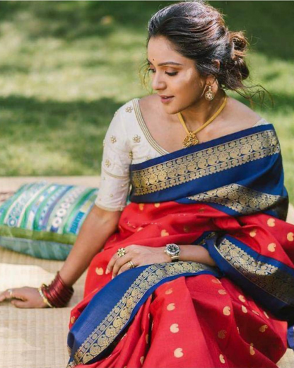 Shreya Red Traditional Kanchi Soft Silk Saree With Attached Blouse 