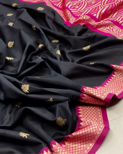 Black pink combination heavy silk saree with attached blouse